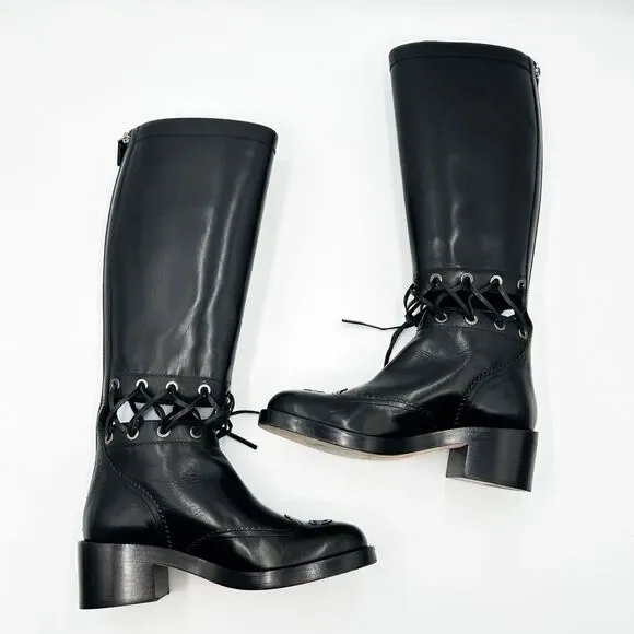 Chanel Knee High Boots Cap Toe Black Leather Lace Up Cutout - Picture 4 of 16
